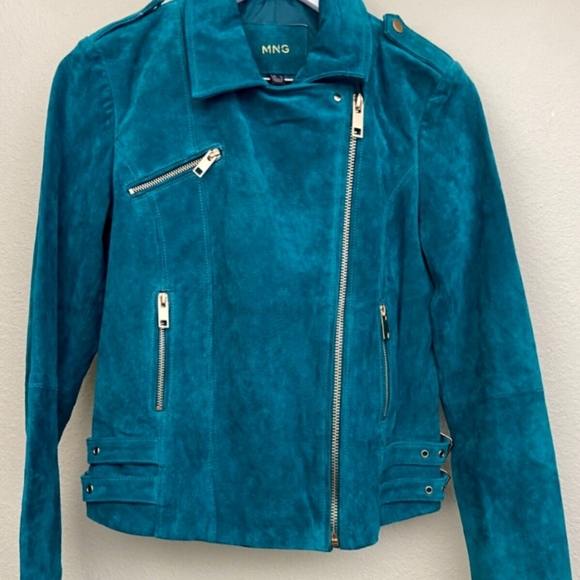 Suede Turquoise MNG Cropped Jacket - Picture 1 of 10
